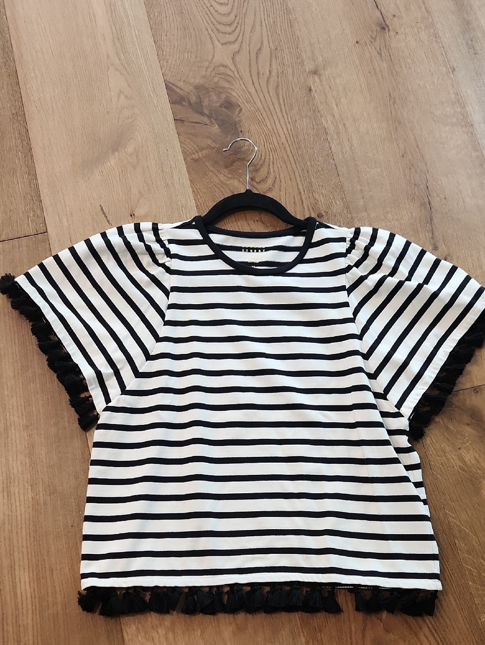 kate spade Black and White Striped Short Sleeve Tee with Tassel Trim